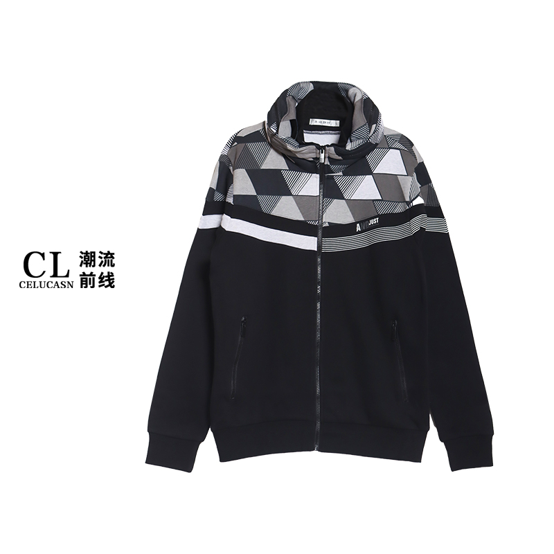 S23128179#秋季外套休闲针织潮流宽松拼接方块立领外套