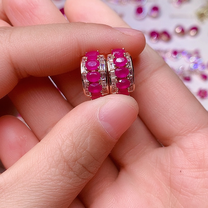 红宝石耳饰银S925镶嵌