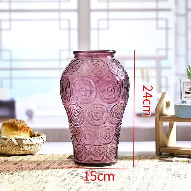 粉色【大口银莲花浮雕花瓶】复古轻奢加厚玻璃客厅高级简约家居插花