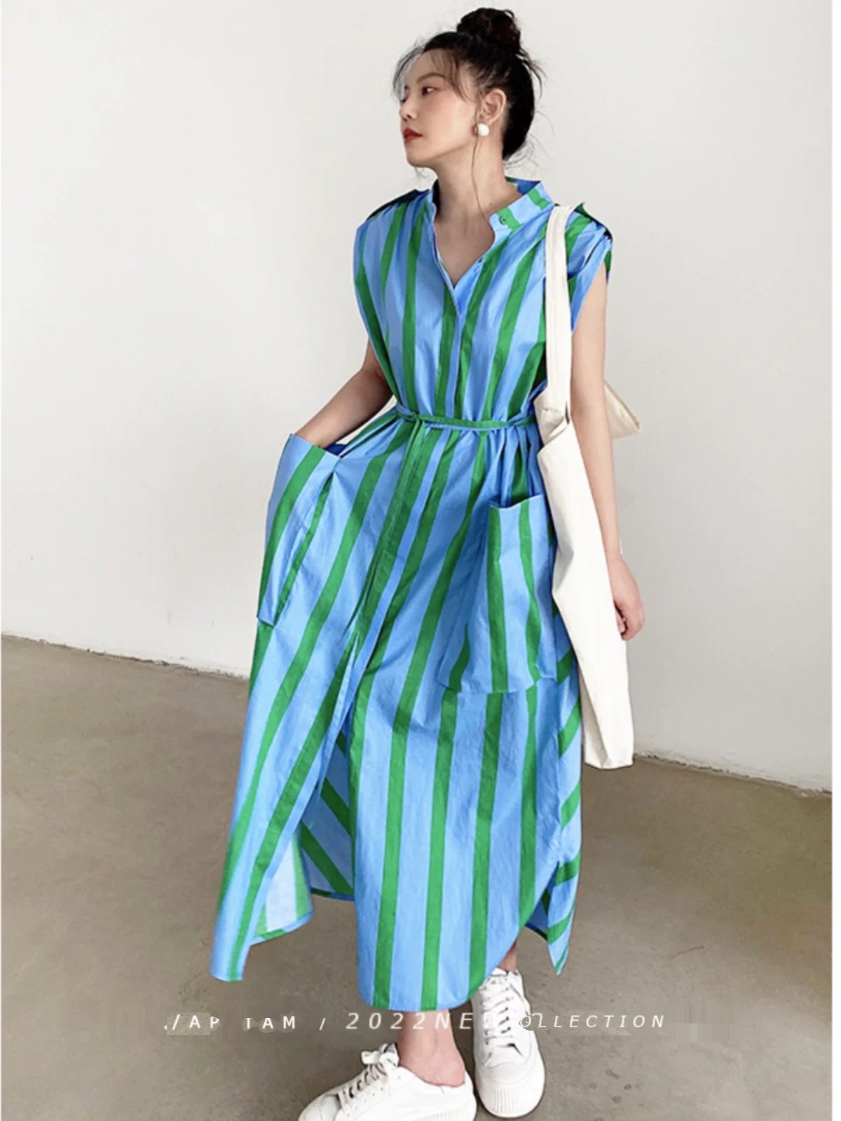 【碧海心】蓝绿条宽松衬衫连衣裙夏慵懒时髦感独家设计小众款条纹裙