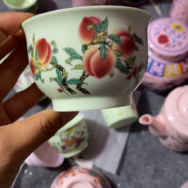 摆件陶绿稀土寿桃大缸杯