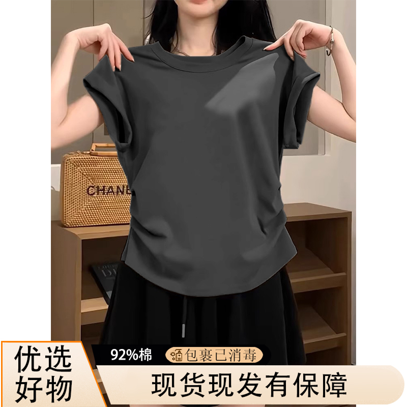 2025年夏季新款修身显瘦短款褶皱设计感圆领简约风百搭短袖T恤女