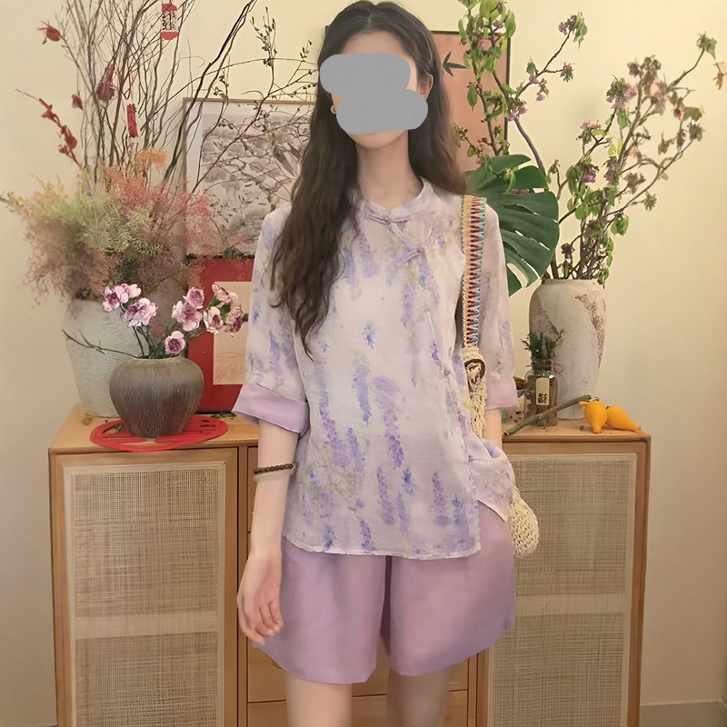 巨好看的夏装小个子独特漂亮气质新中式国风慵懒碎花大码衬衫套装