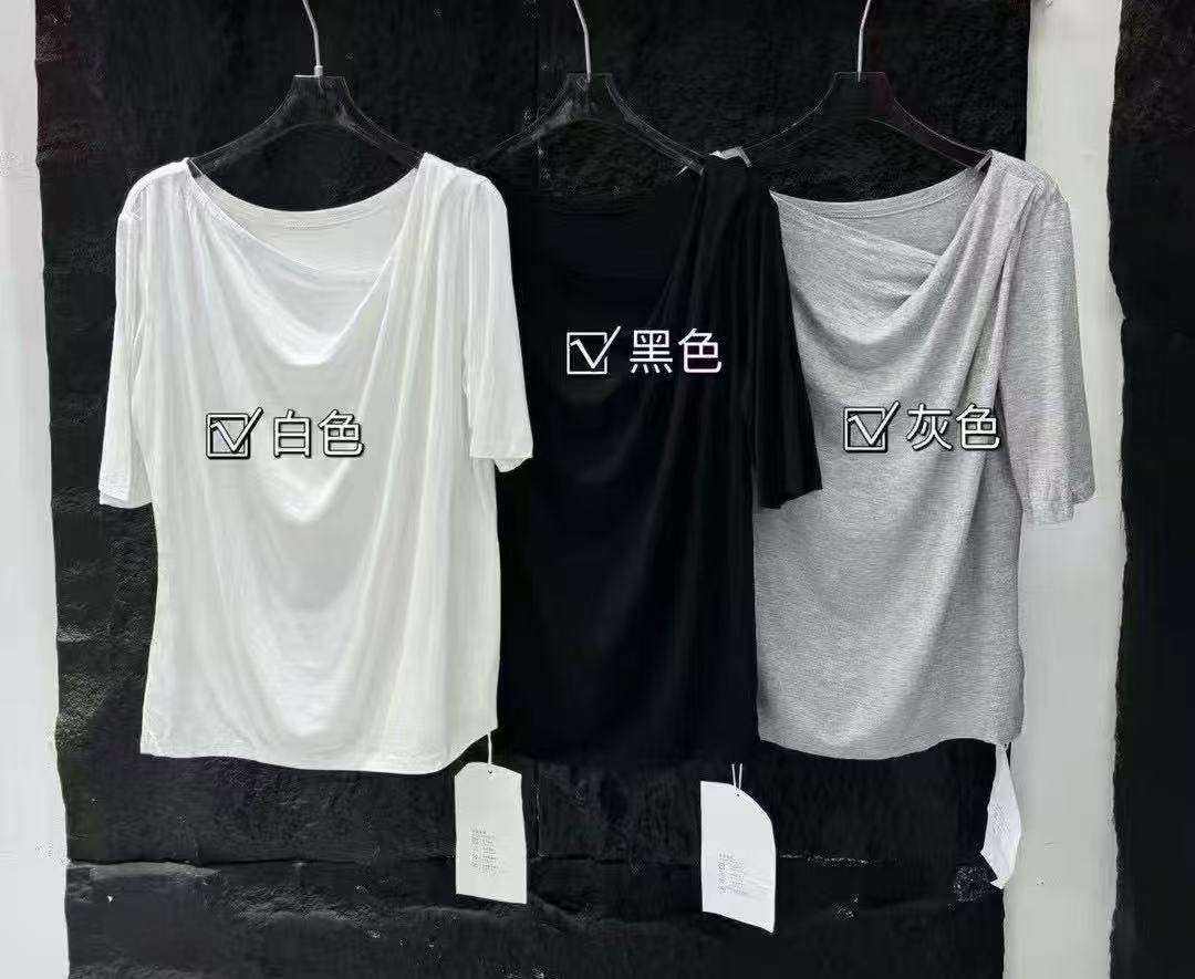 8338号#2361#纯色百搭简约斜领设计感短袖T（预）