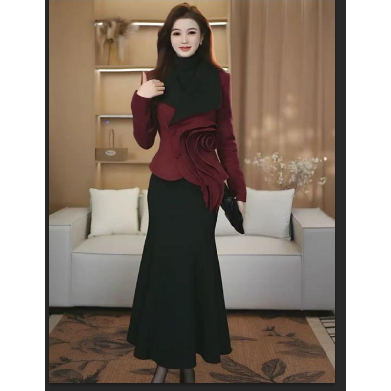 （加棉）高定原创红色拼接花朵外套上衣+鱼尾半身裙两件套