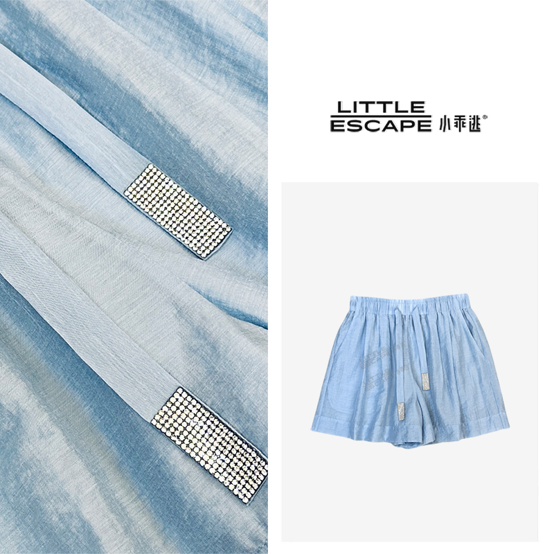 小乖逃D浅蓝色短裤弹力抽绳腰双口袋蓝色外套连帽直筒休闲裤M8878