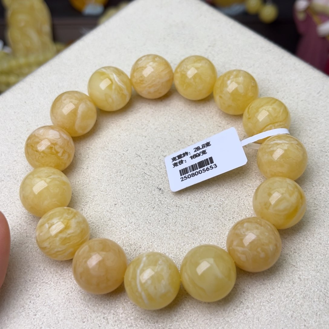 手链蜜蜡未镶嵌15圆珠满蜡虎皮纹妖花