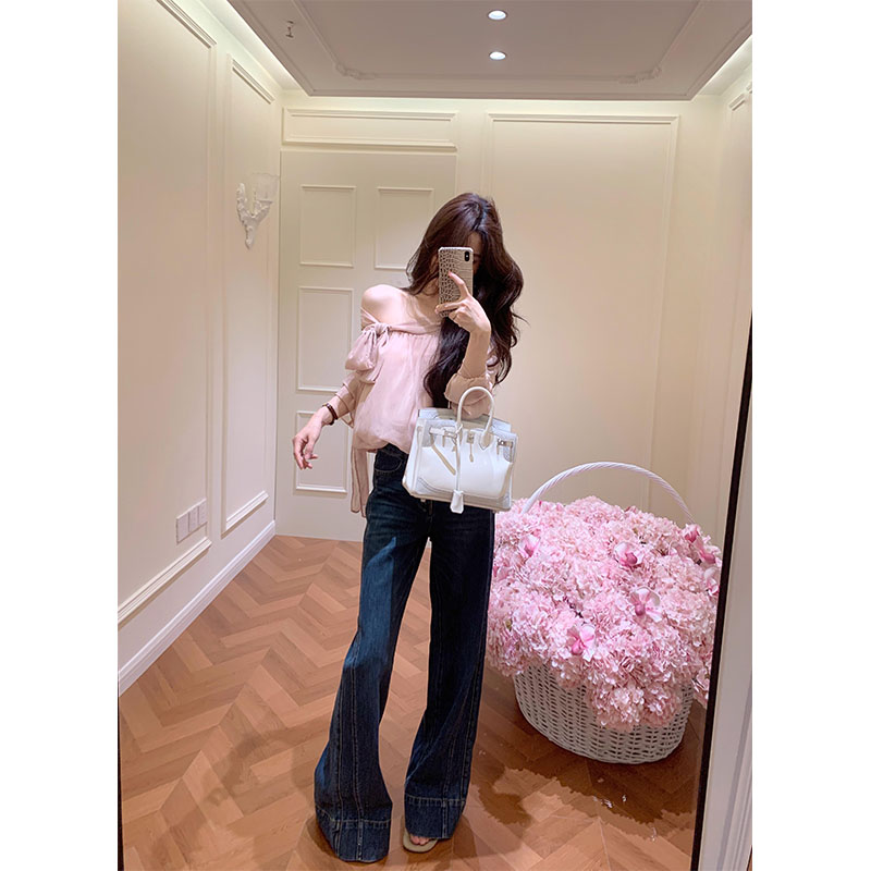 秋季新款韩系设计感修身显瘦露肩上衣休闲简约时尚直筒长裤套装女