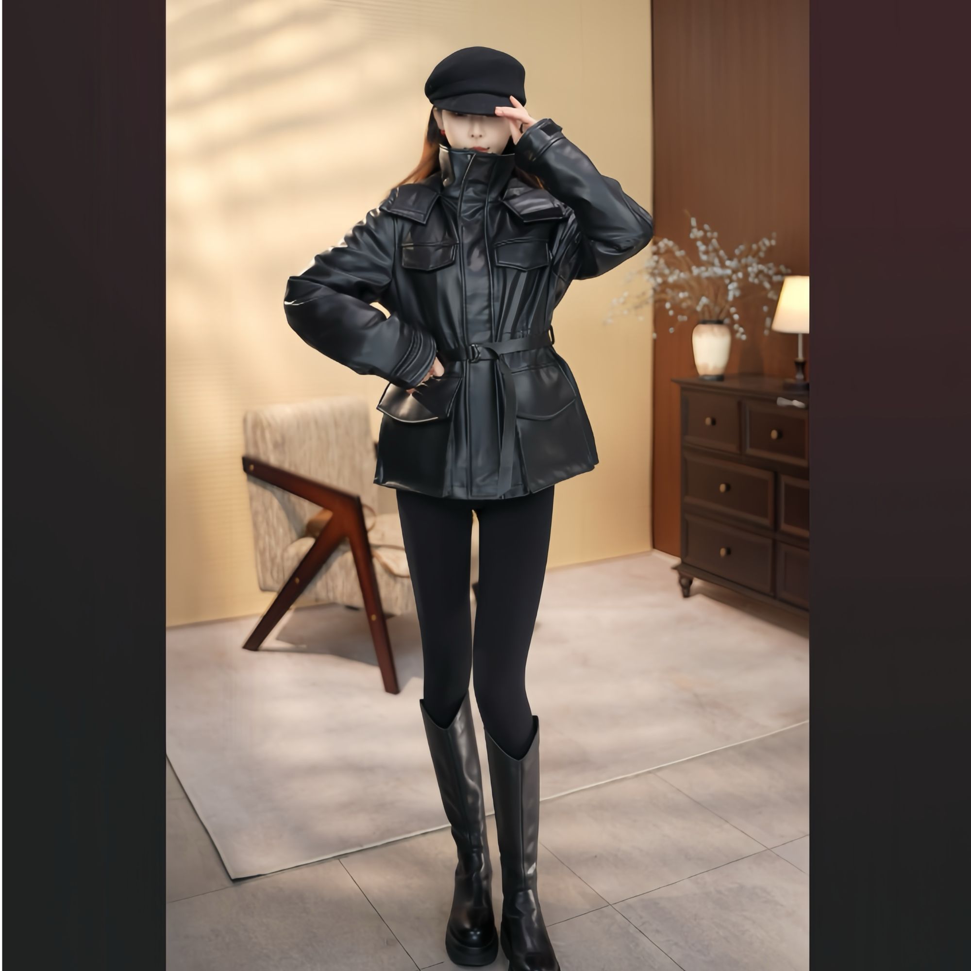 长袖工装风真皮皮衣加厚网红连帽修身型时尚黑色韩版厚款