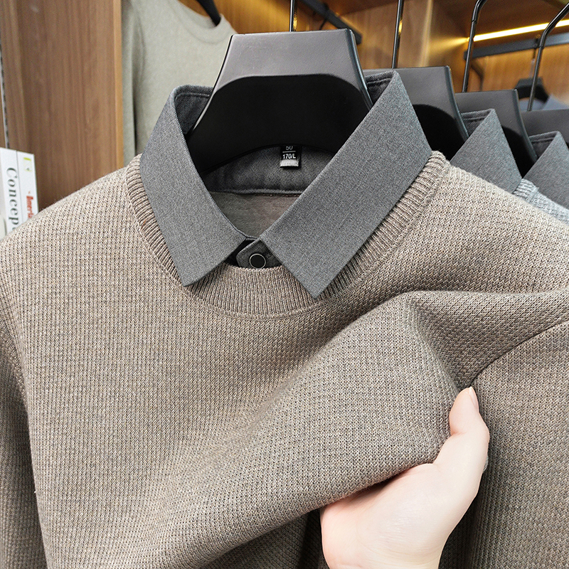 新款天丝绵羊毛假两件衬衫领男加厚加绒重磅一体绒冬季衣针织打底