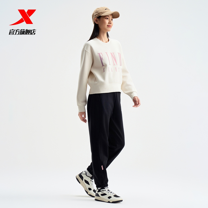 特步运动裤女款美式长裤针织长裤女款舒适户外弹力耐磨黑色休闲裤