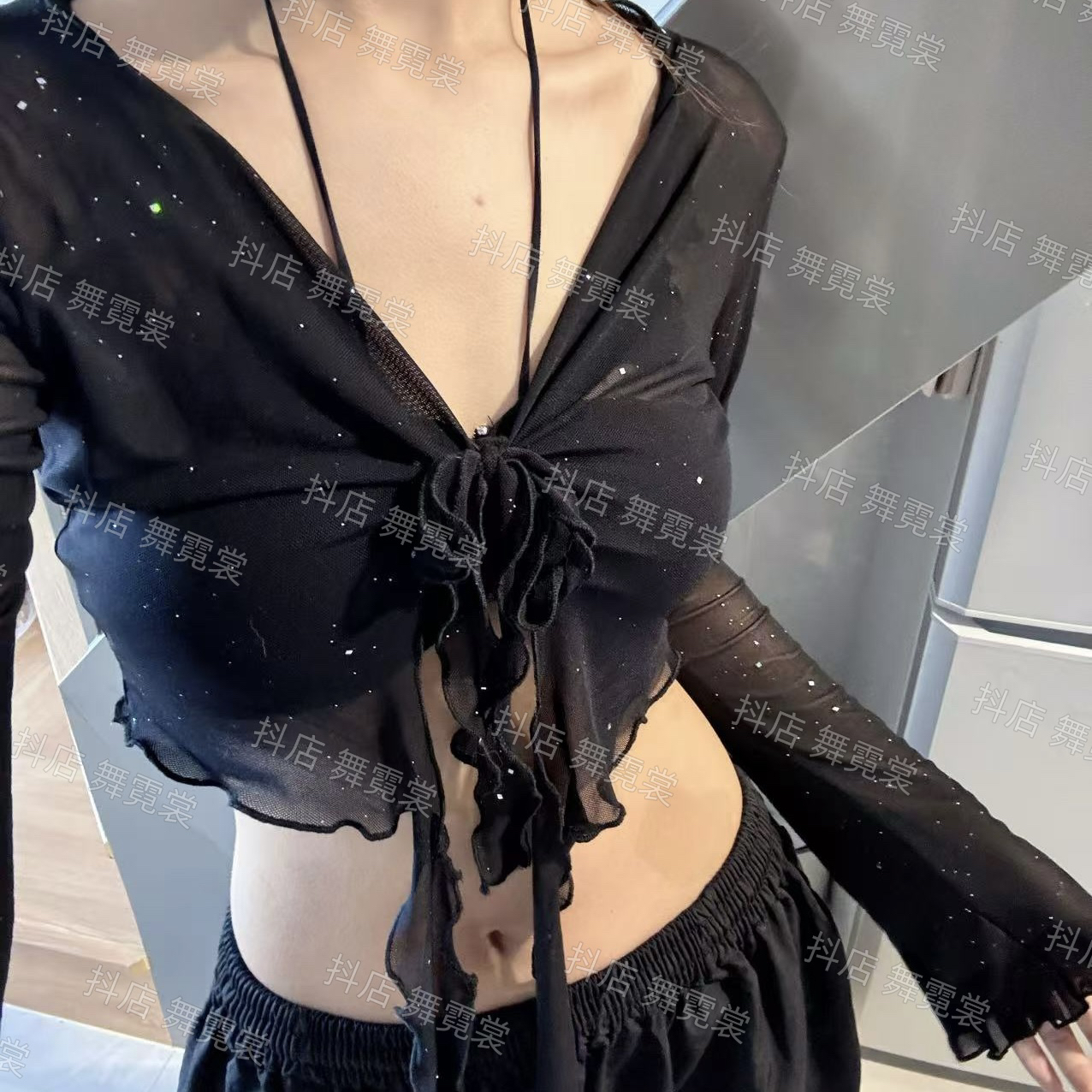 爵士舞新款辣妹飘逸上衣曳舞水纱屁帘肚皮舞罩衫潮牌街舞两用腰搭