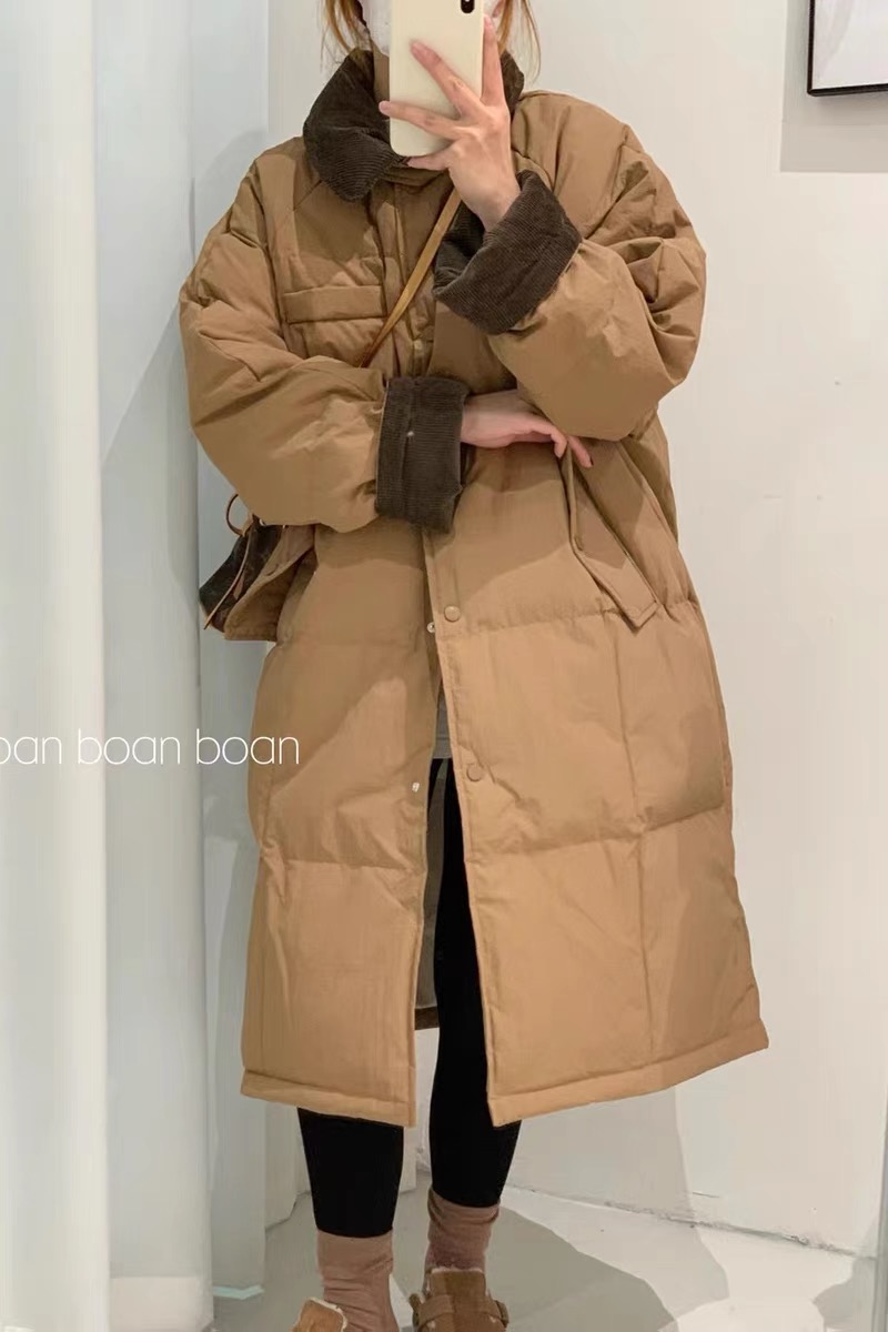 【如奕】新国标灯芯绒领拼接中长款宽松休闲白鸭绒羽绒服