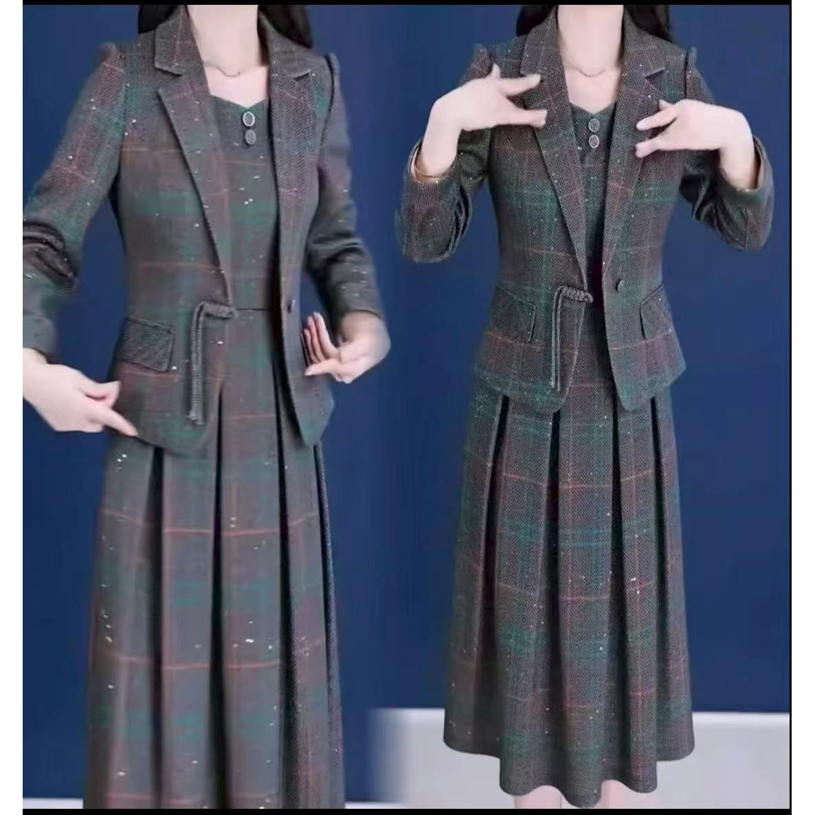 高档两件套西装连衣裙女2025春季新款遮肚子显瘦气质妈妈套装女春