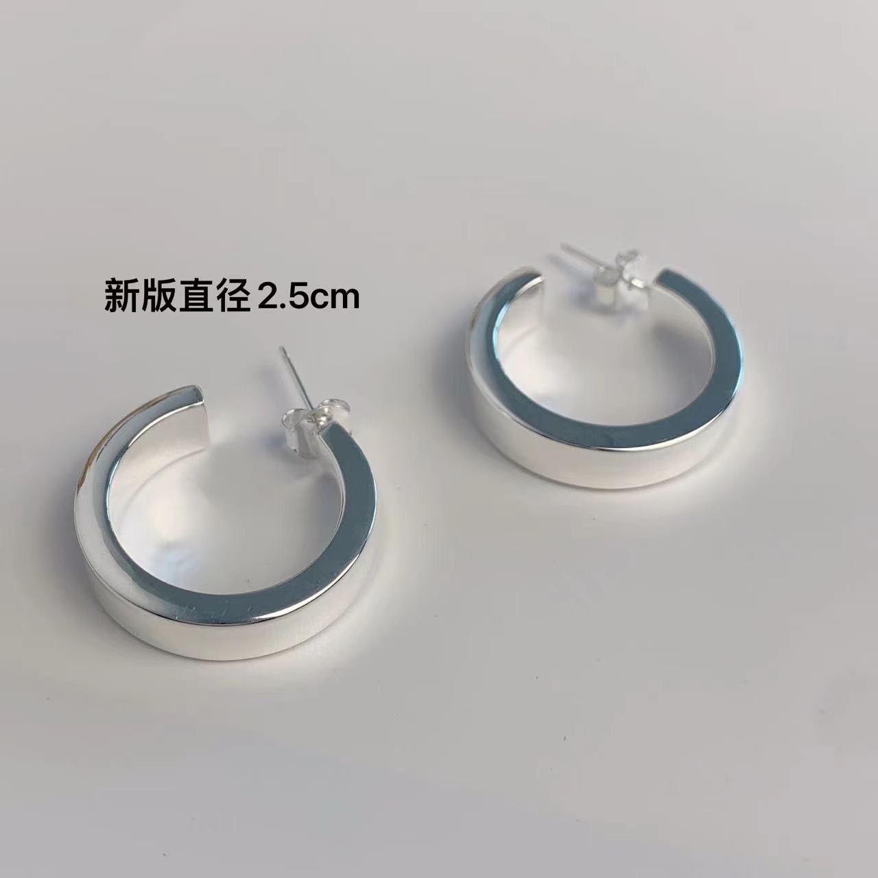 925银耳饰 E311 宽面版手工光面耳环直径2.5cm