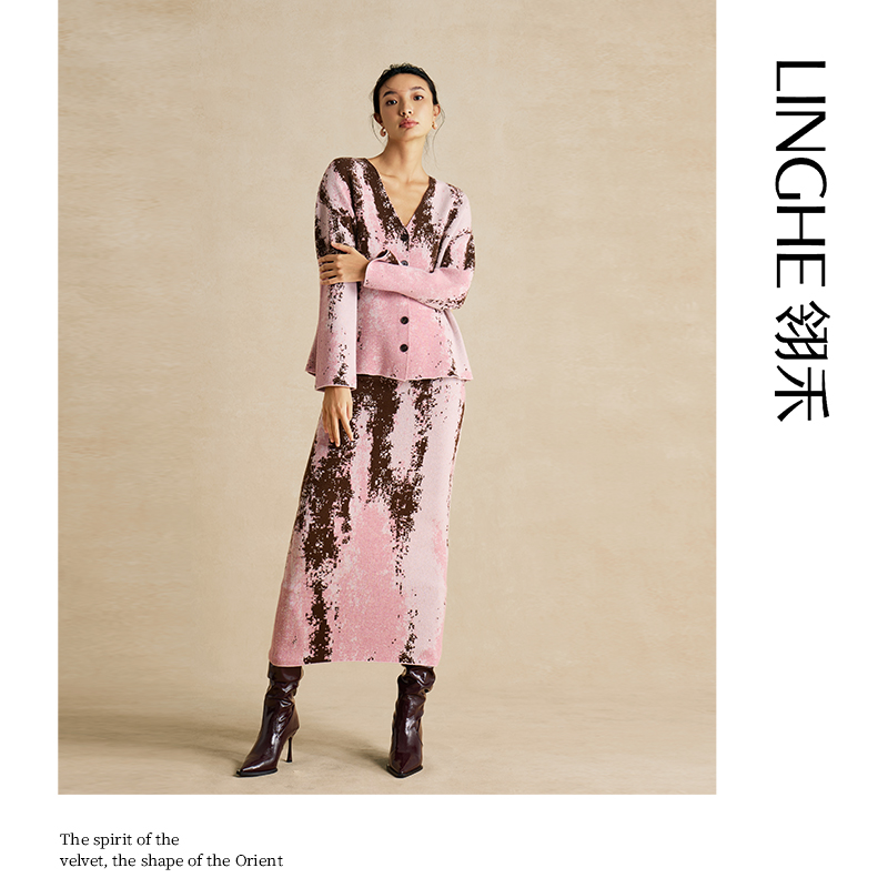 翎禾LINGHE「石隐之境」-针织大理石秋冬款优雅时尚气质印花半裙