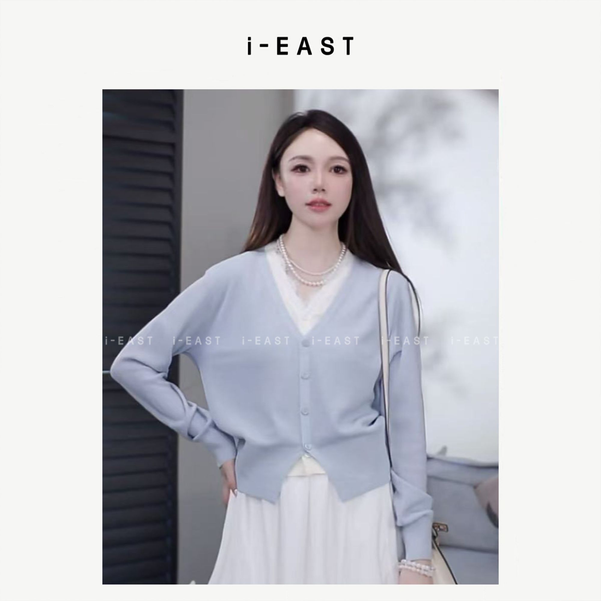 i-EAST NN 冰川蓝调~高级感百搭假两件设计师长袖上衣-5Q SY9412