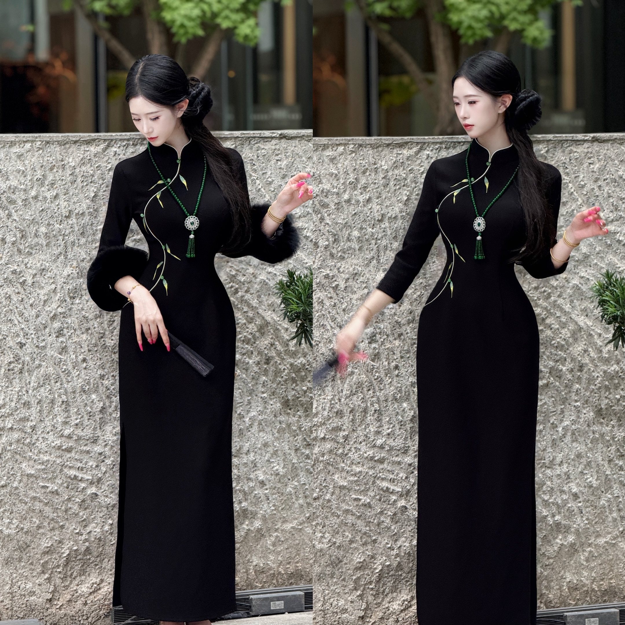 LHMknk1画报夫人原创自制中式弹力针织狐狸毛刺绣旗袍 柳叶竹