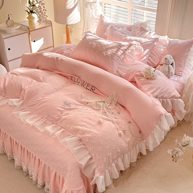公主风夹棉床盖四件套 高端刺绣蕾丝花边四季通用床品套件