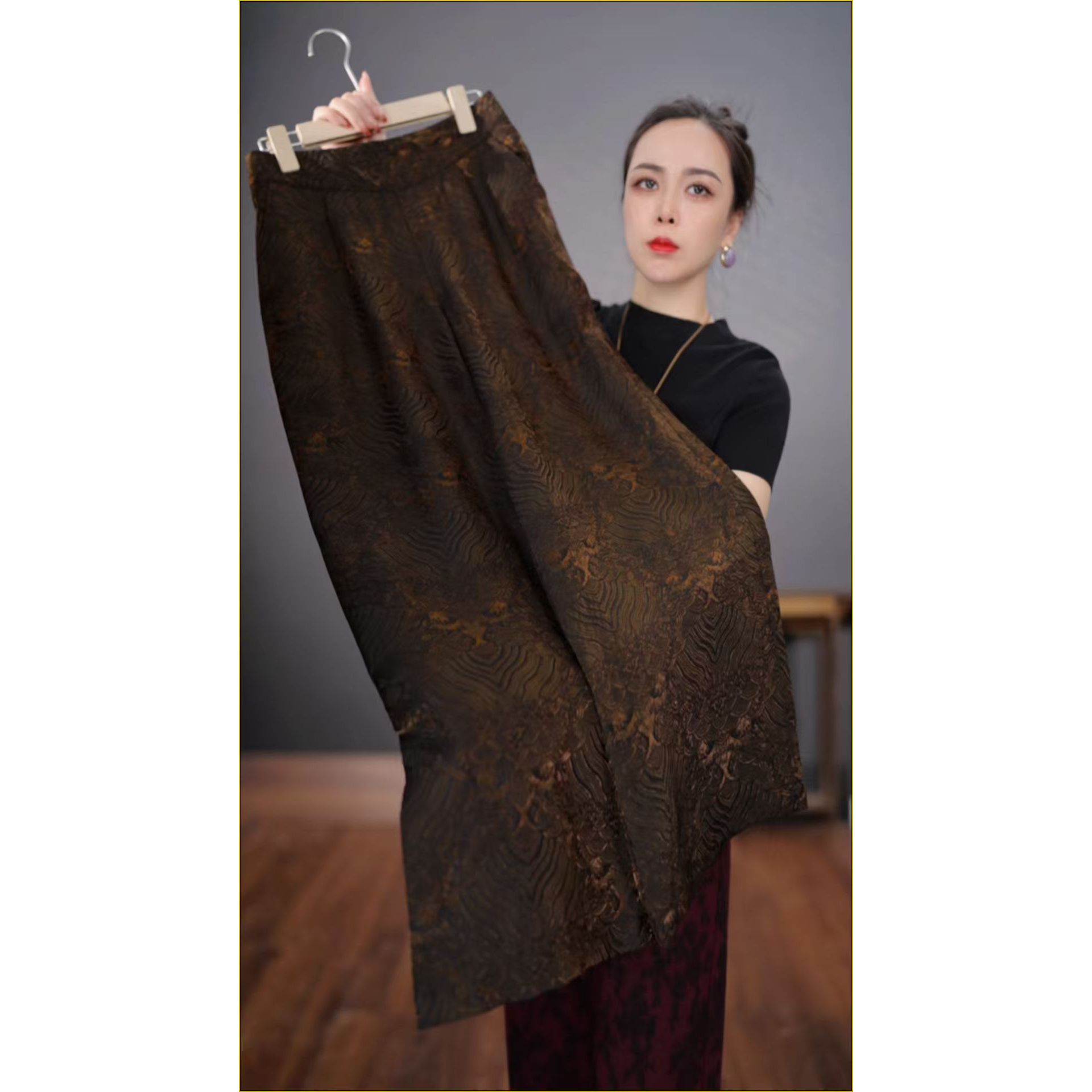 古铜纹新款气质百搭高腰阔腿裤（DN67/雨愈/文/龙）