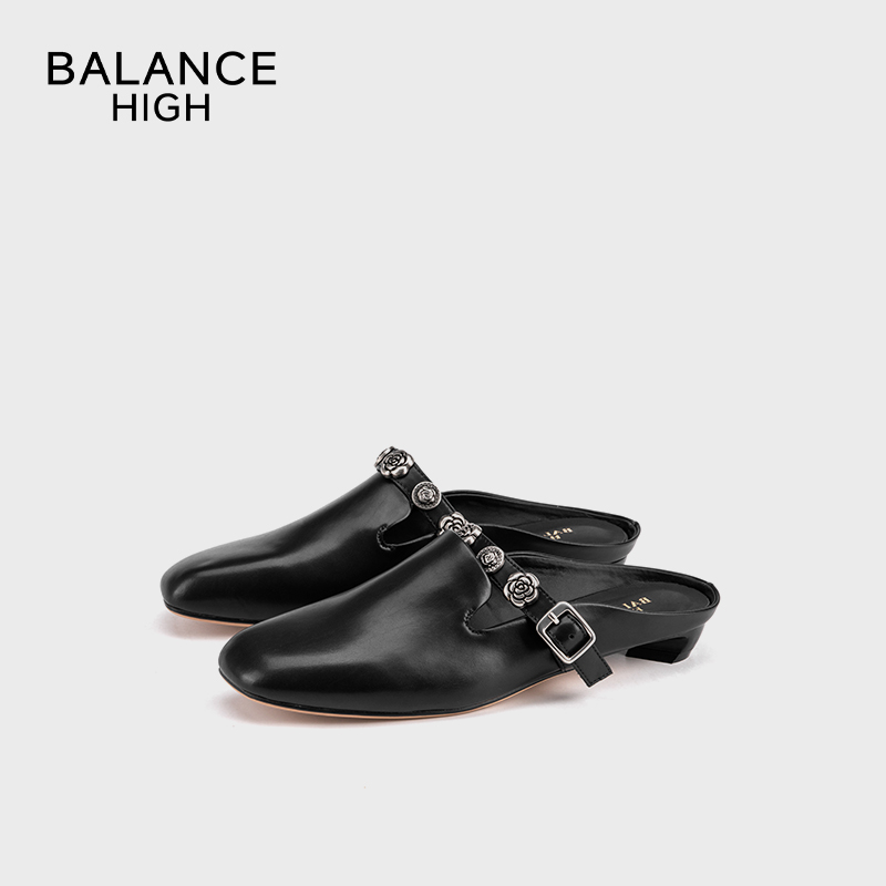 HIGHBALANCE/668861新款2025春款复古花方头低跟浅口百搭拖鞋B