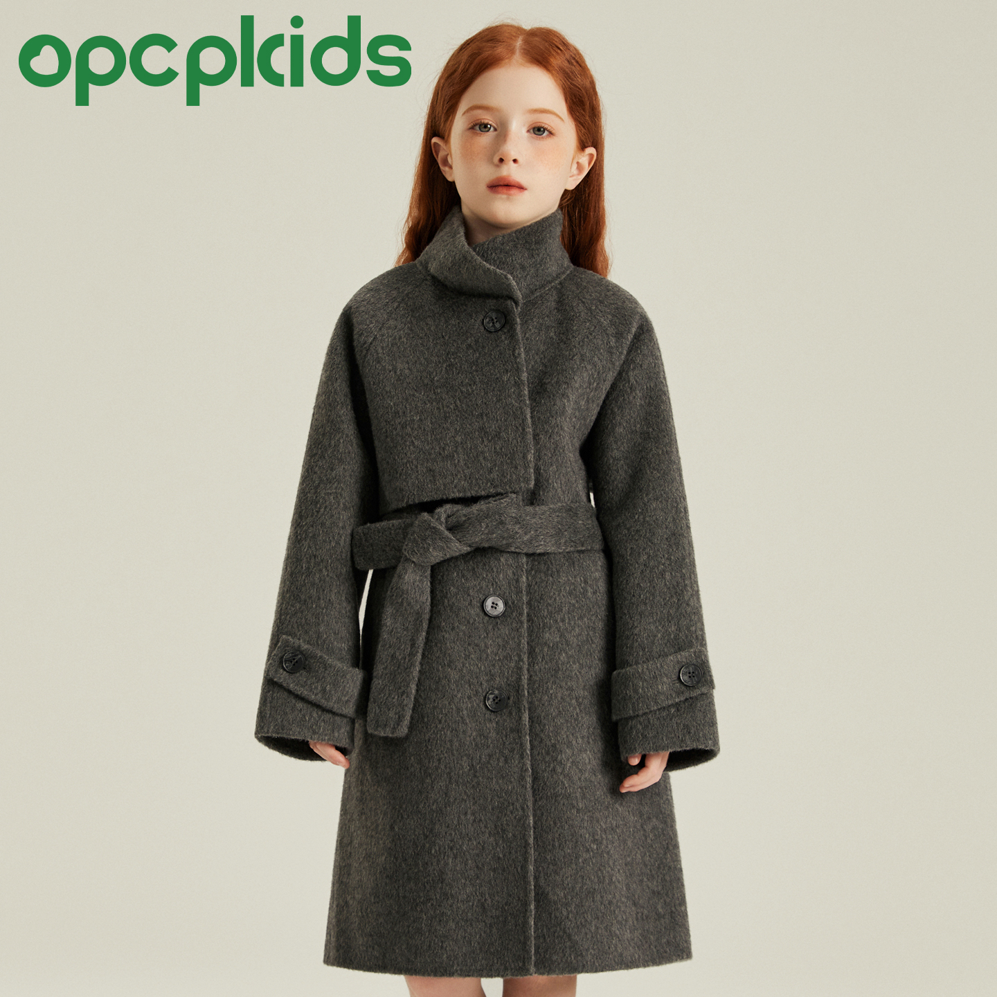 OPCP儿童双面羊毛大衣秋冬新款女童腰带呢子外套羊毛中长款OP913