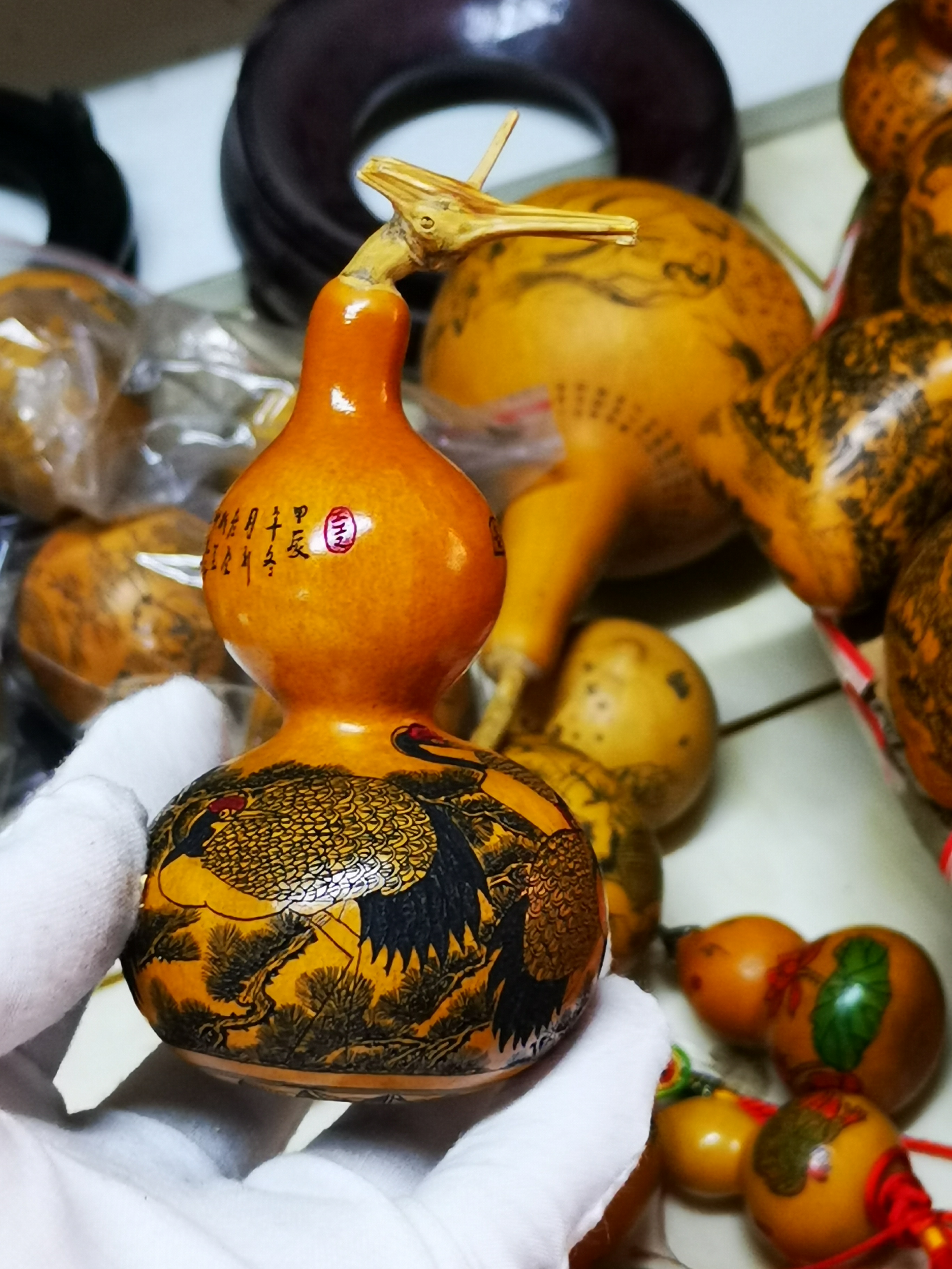 雅青阁葫芦手工针刺微雕墨刻八宝手捻葫芦松鹤图6只鹤文玩把玩葫