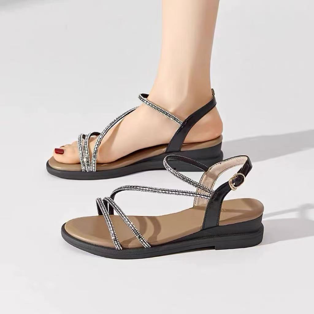 夏款1056时尚坡跟一字带亮钻凉鞋24X