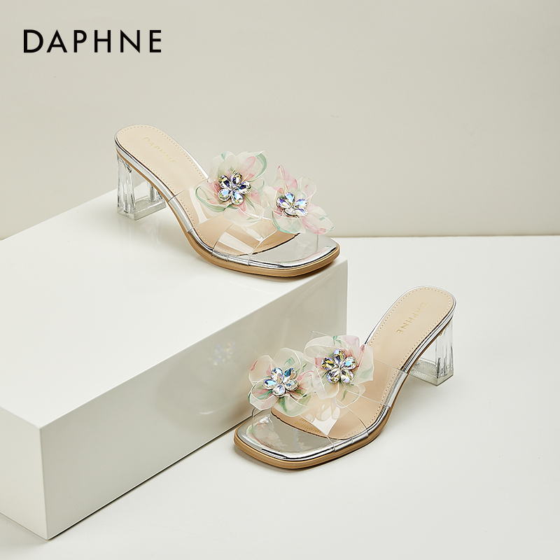 达芙妮7厘米高跟鞋凉鞋时尚百搭夏季露趾仙女风网红【月】