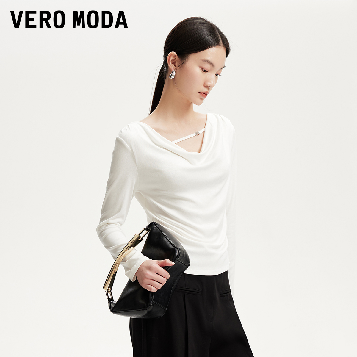 Vero ModaT恤2025新款字母串珠织带拼接荡领修身老钱风松弛感百搭