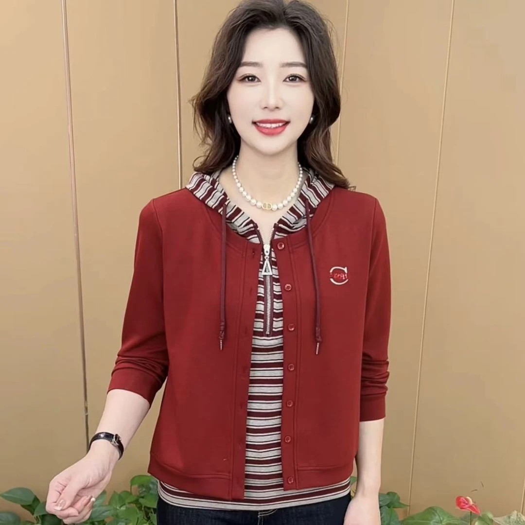 秋季新款时尚连帽假两件设计感条纹刺绣洋气百搭休闲长袖卫衣K161