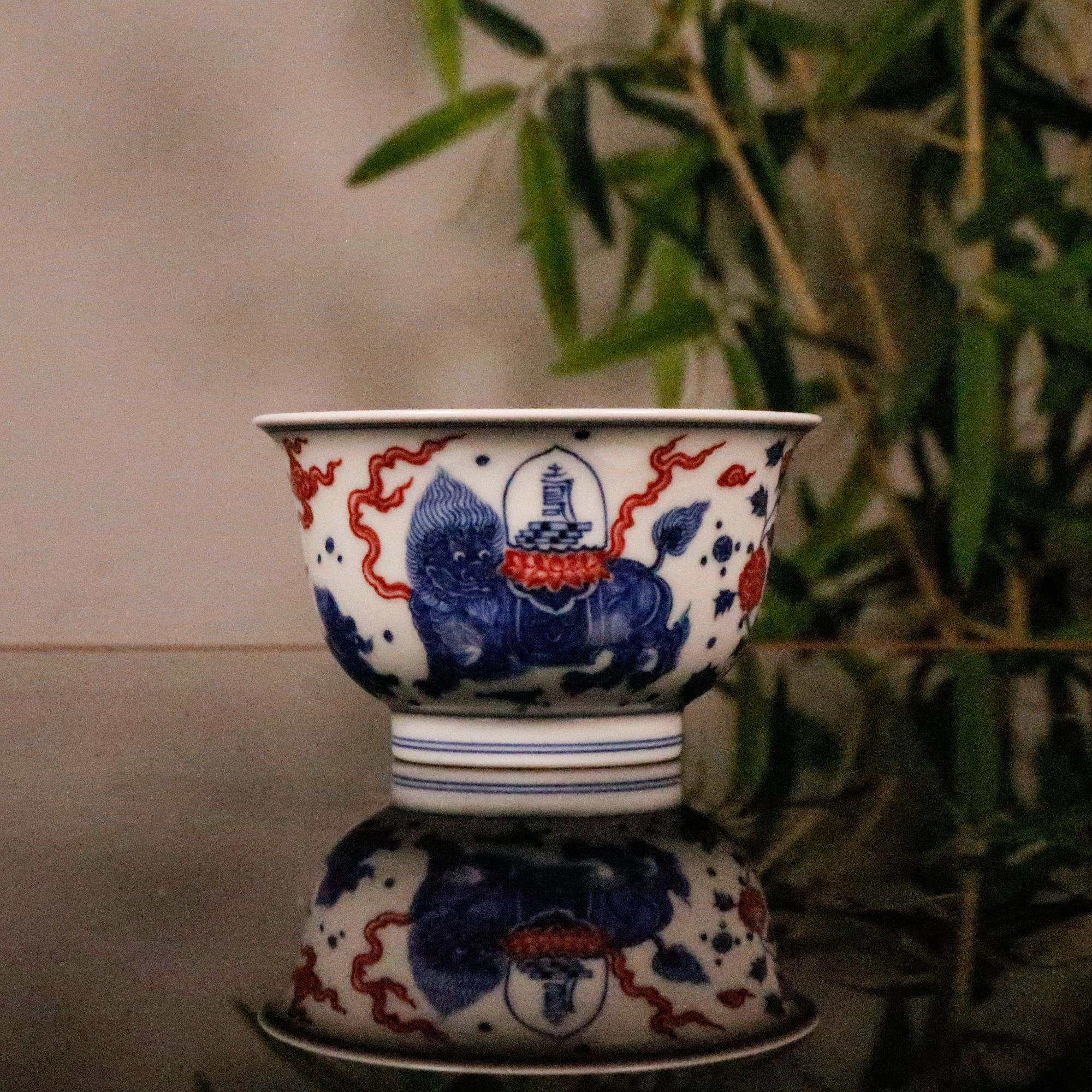 片云晚谷青花釉里红麒麟驮寿若深杯景德镇手工手绘茶杯陶瓷