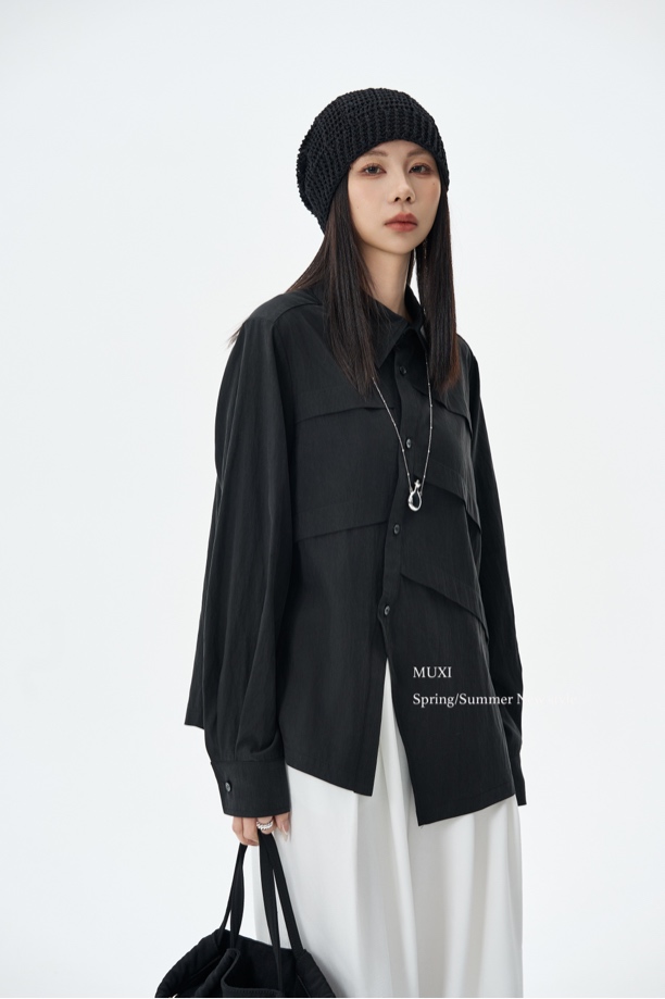 【MUXI】—SFR–17111【清货：低于五折不退换】黑色不规则设计感衬衫女
