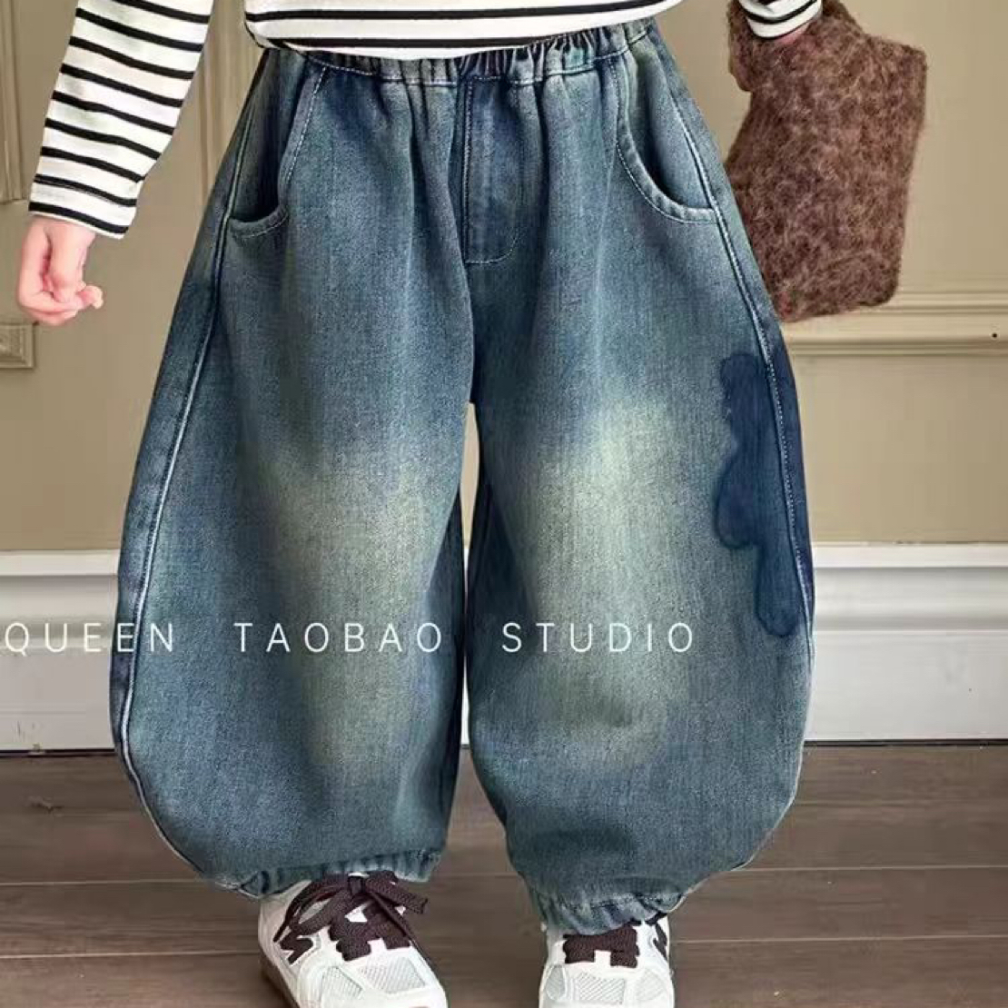 小童冬季加绒浅色弯刀长裤