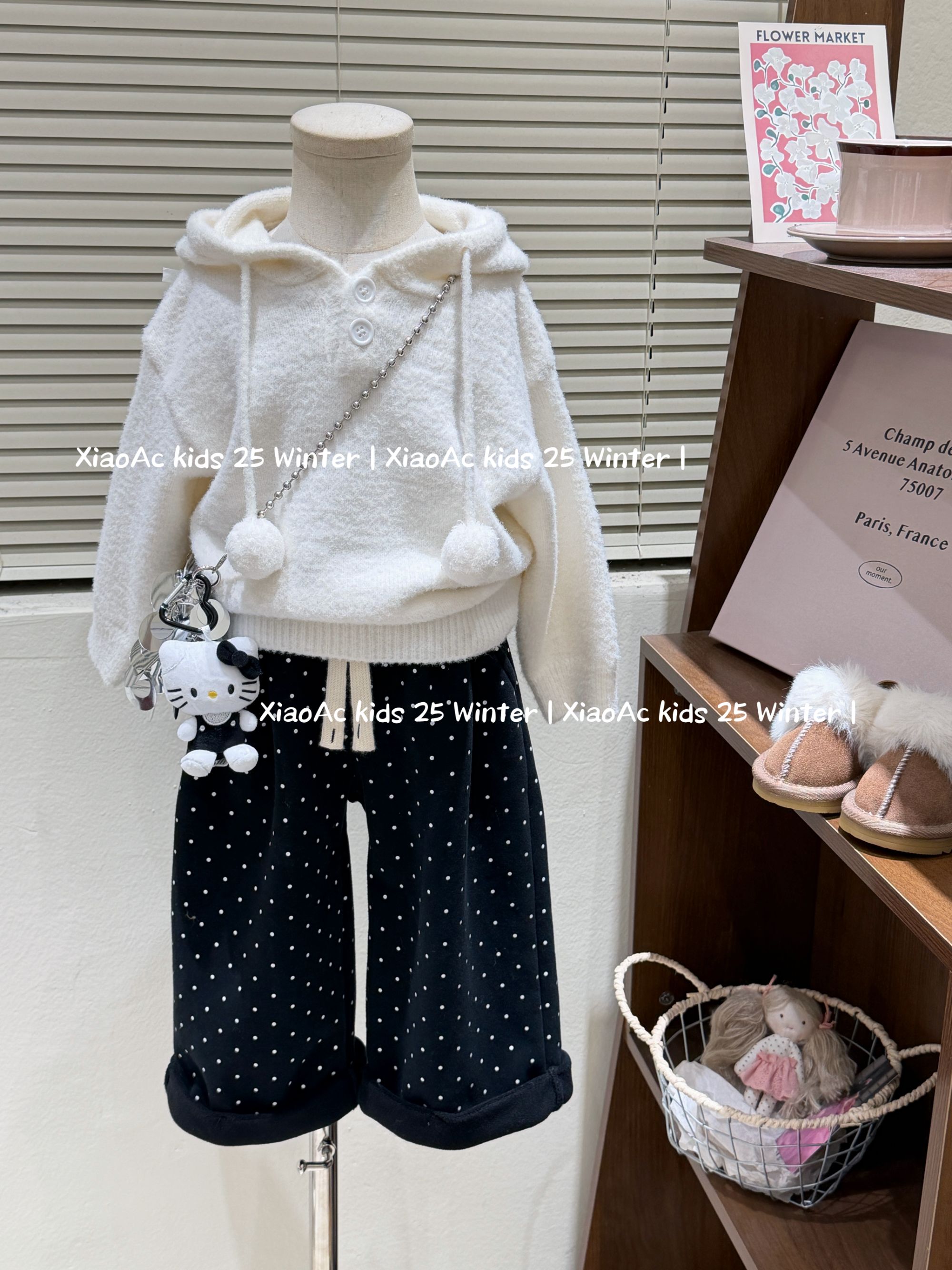 韩系女童冬款洋气加厚仿水貂绒连帽套头针织衫女宝加绒波点裤套装