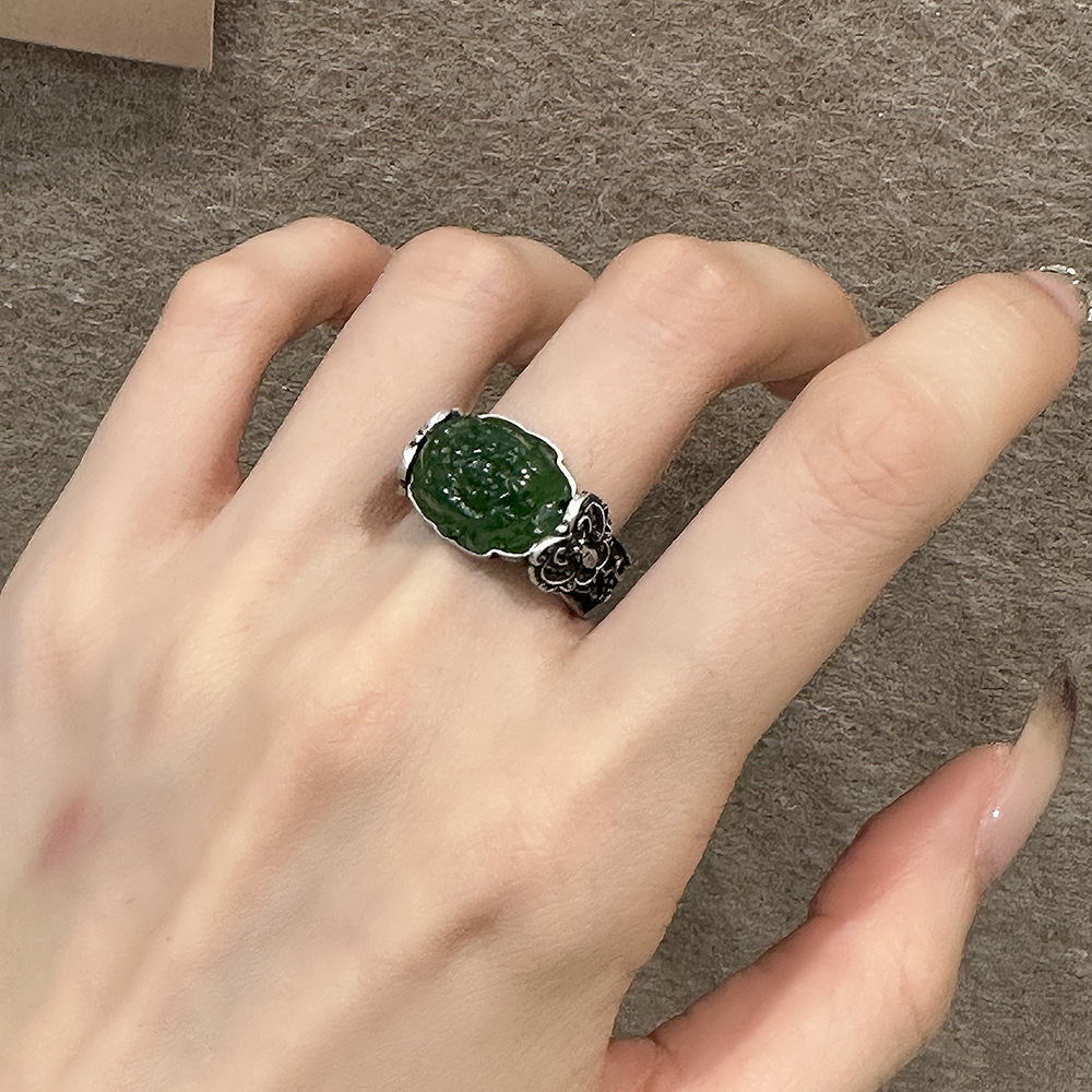 足银和田玉碧玉牡丹蝴蝶和田玉做旧戒指小众复古民族风