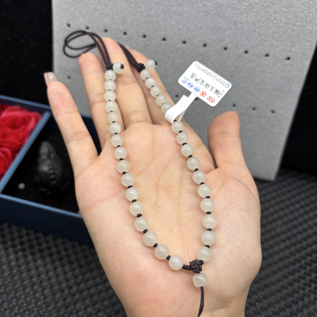 福利天然和田玉白玉圆珠6mm手工编织项链男女挂坠挂件绳可调节款
