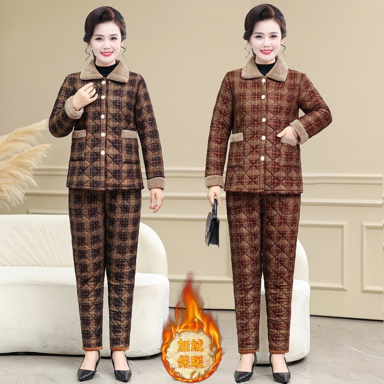 格纹中老年女装中年常规冬装中老年大码套装