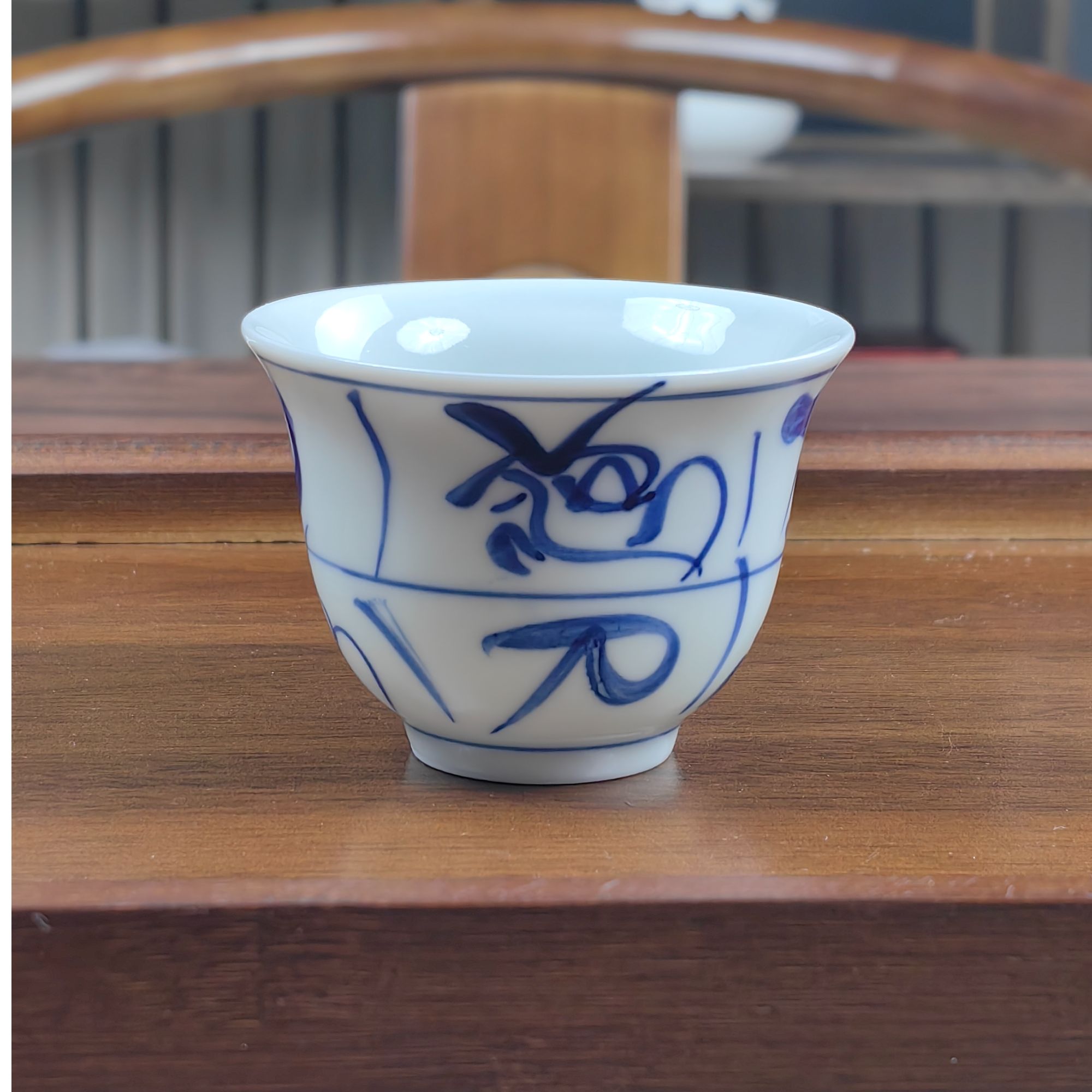 【问青坊】纯手工手绘 青花刀字纹气窑铃铛杯（配礼盒）