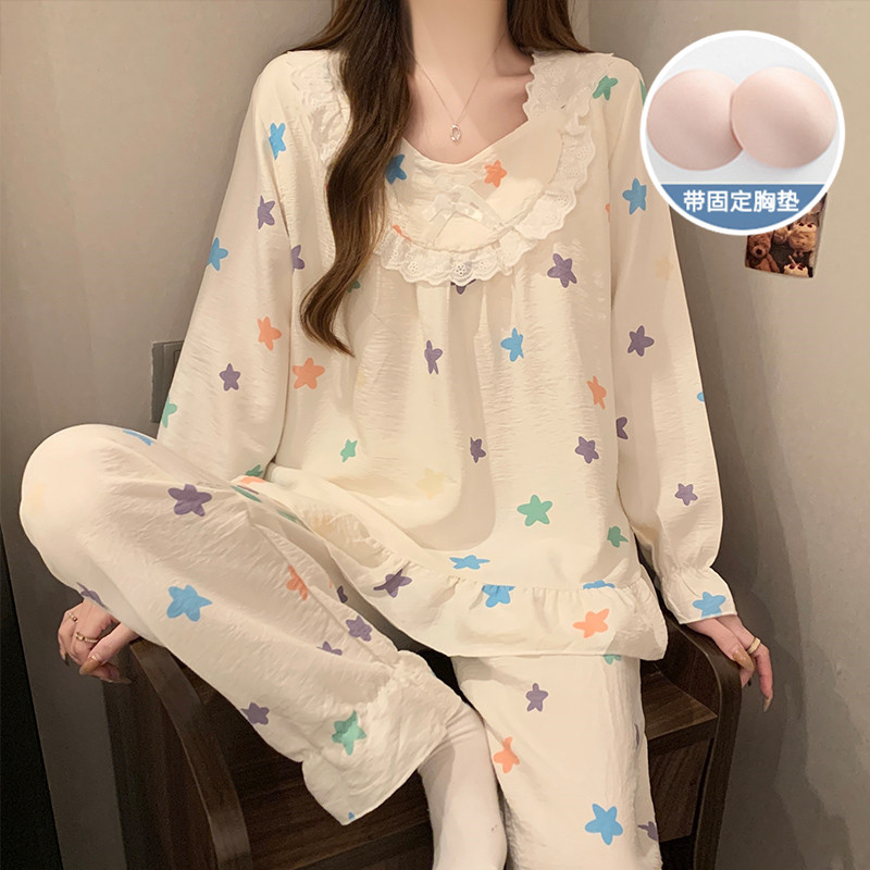 2024春韩季新款睡衣女带胸垫梭织云朵棉长袖甜美公主风家居服套装
