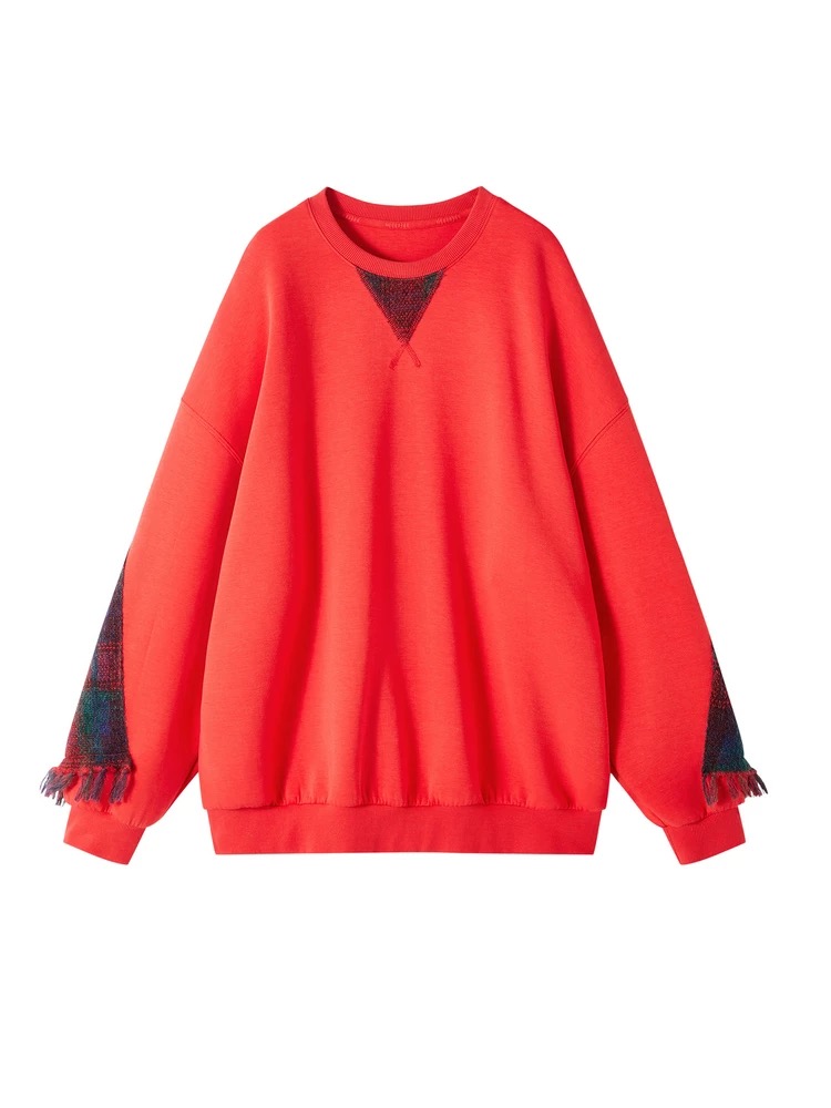 MD谜底中长款卫衣2025冬季新品圆领落肩袖拼接格纹女254MV1680