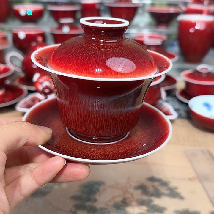 景德镇陶瓷红马坊盖碗