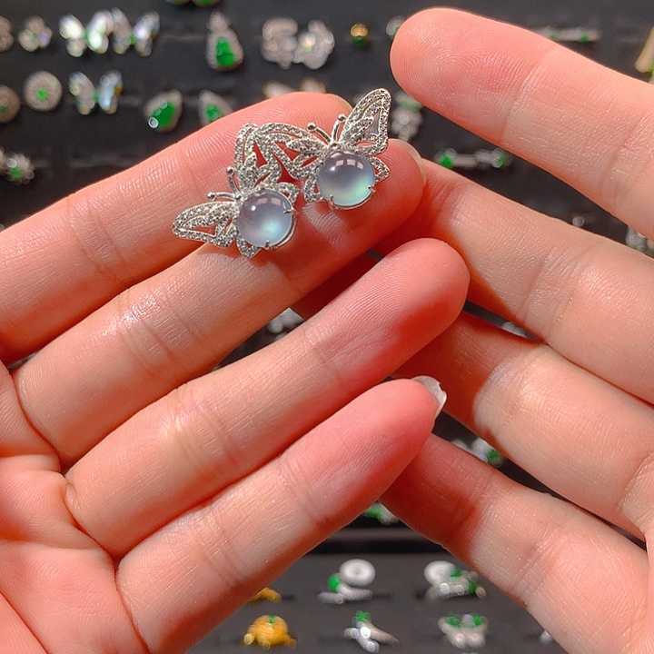 翡翠戒指银S925镶嵌耳钉