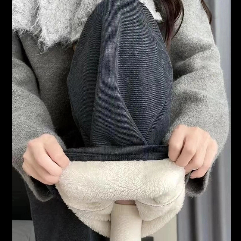 【有口袋】 羊羔绒女秋冬季2024新款加绒加厚高腰直筒软糯阔腿裤子