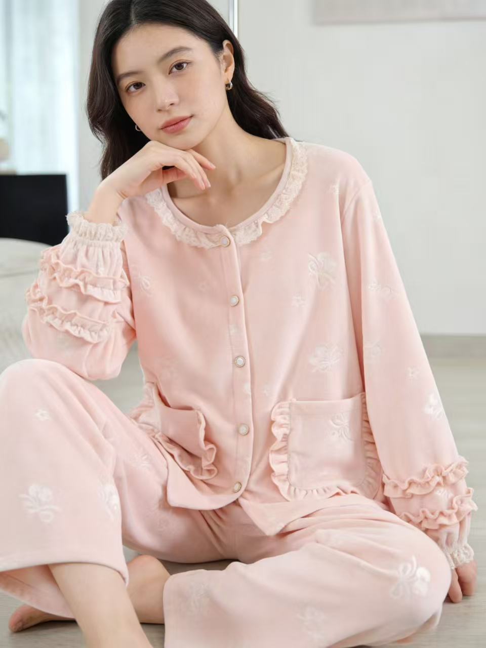 4553粉色冬季海岛绒女士开衫睡衣套装保暖海岛绒家居服女士套装