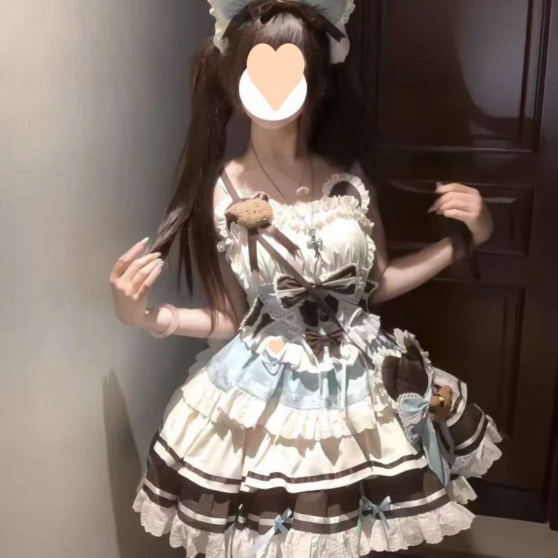 焦糖泡泡结甜美斗篷外套新款蕾丝洛丽塔拼接连衣裙上衣套装