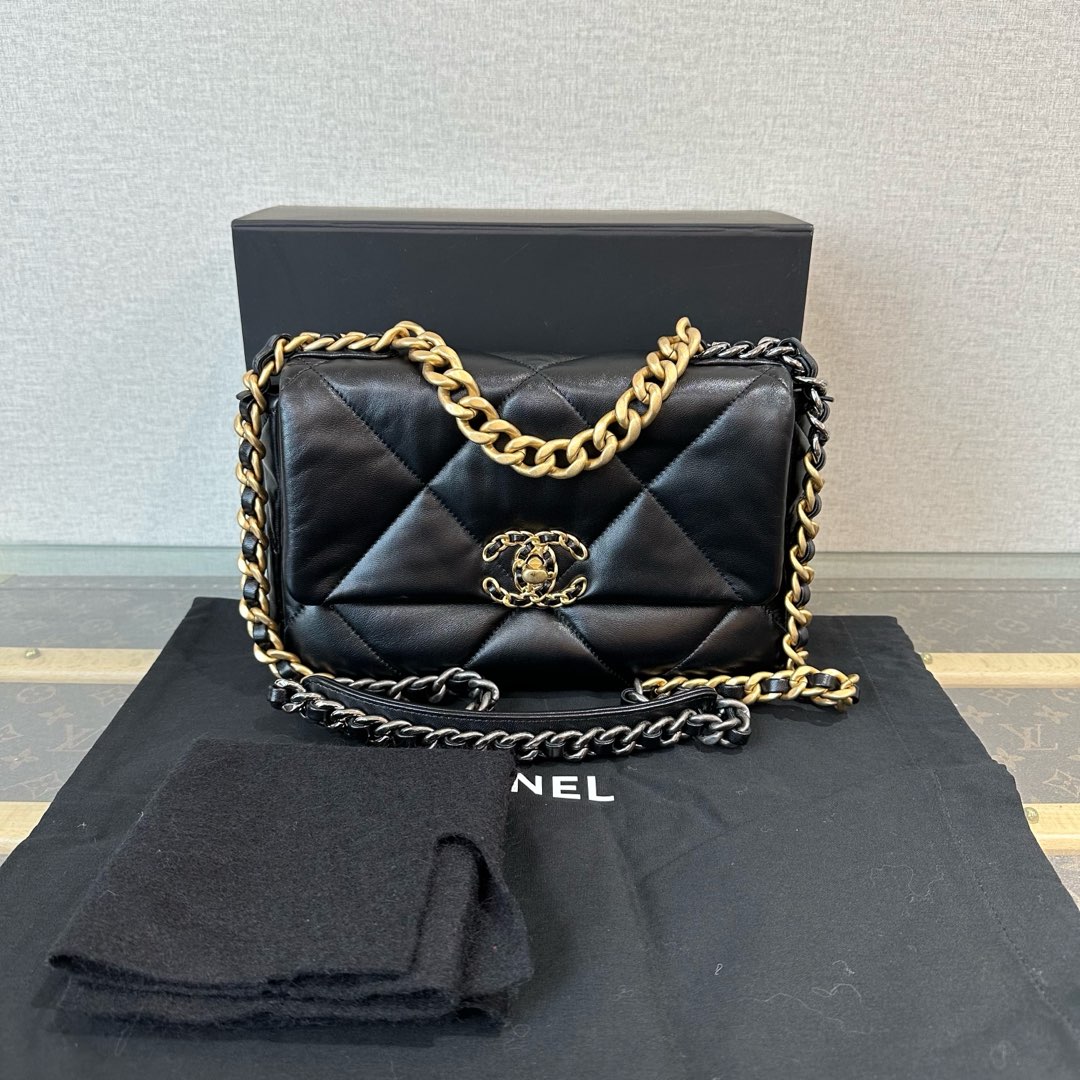 99新 Chanel/香奈儿 芯片黑金19bag小号手提单肩斜挎链条包 06318