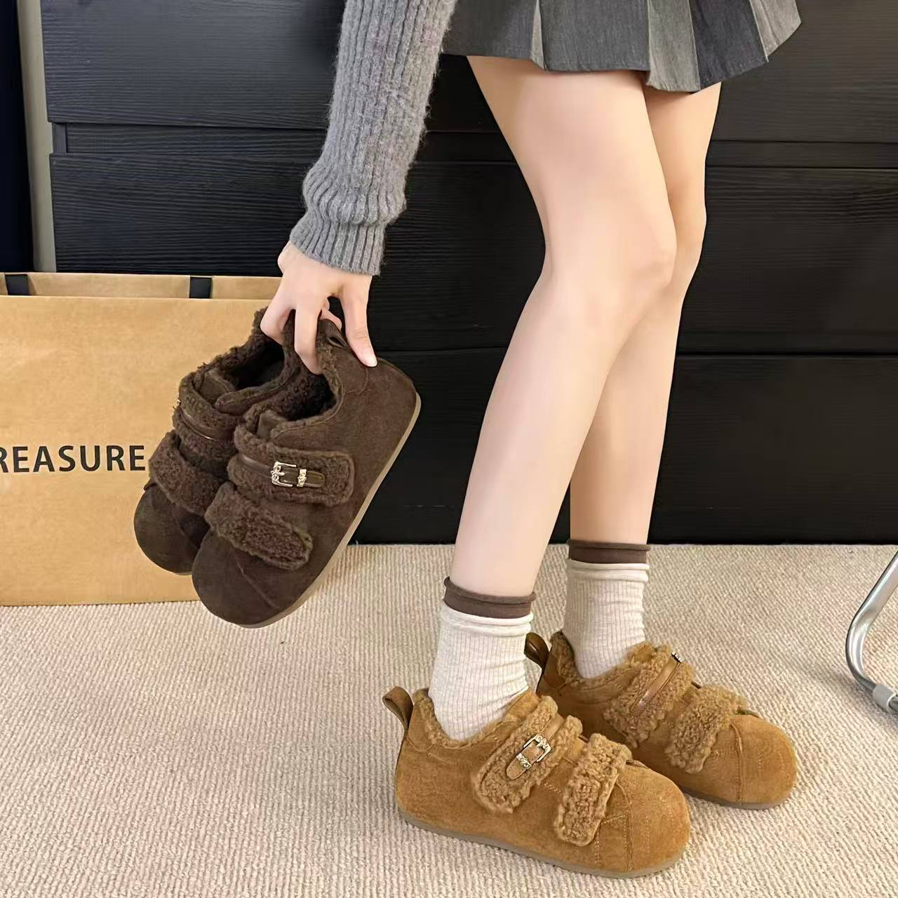 『卷毛泰迪』『踩屎感』魔术贴可调加绒博肯鞋-9118