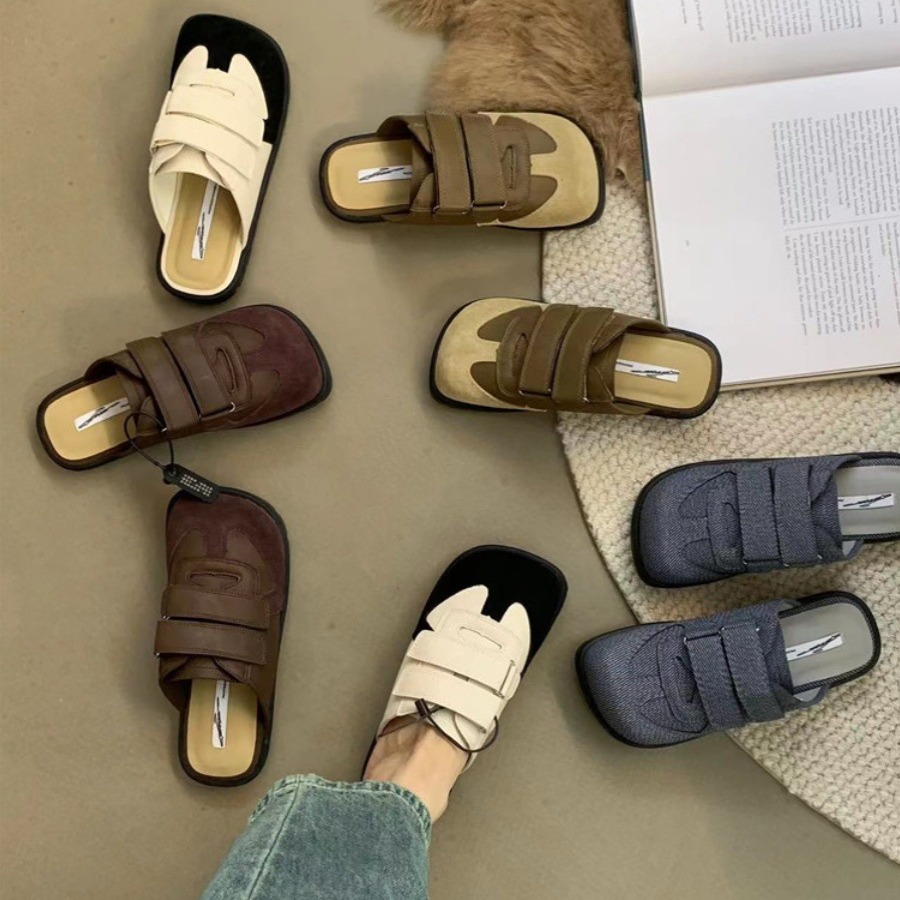 厚底一脚蹬包头半拖鞋女2025年秋季复古磨砂皮大头丑萌无后跟女鞋