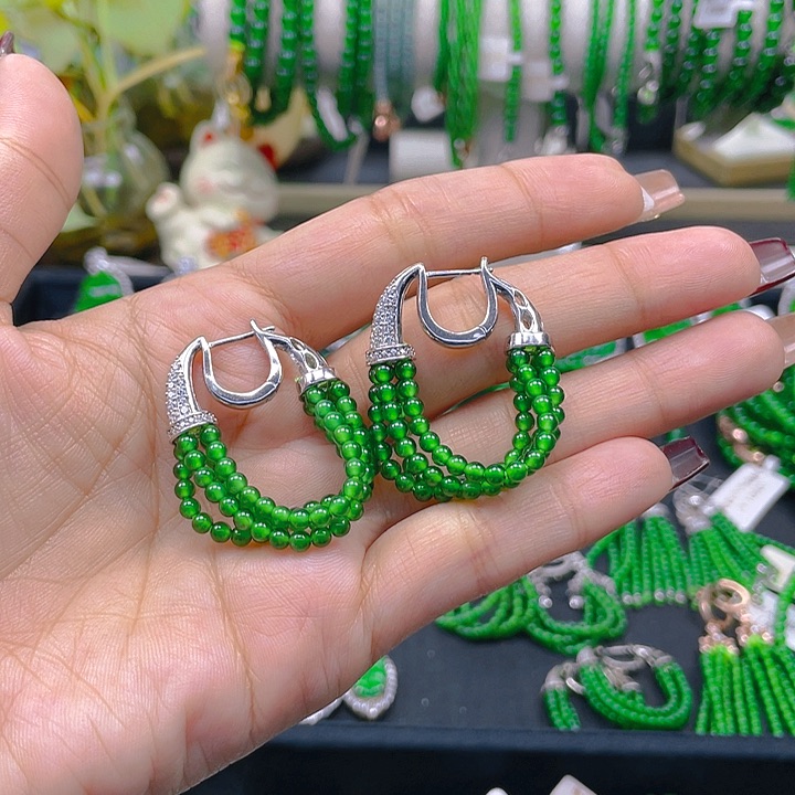 翡翠耳饰银S925镶嵌小*诗明星同款